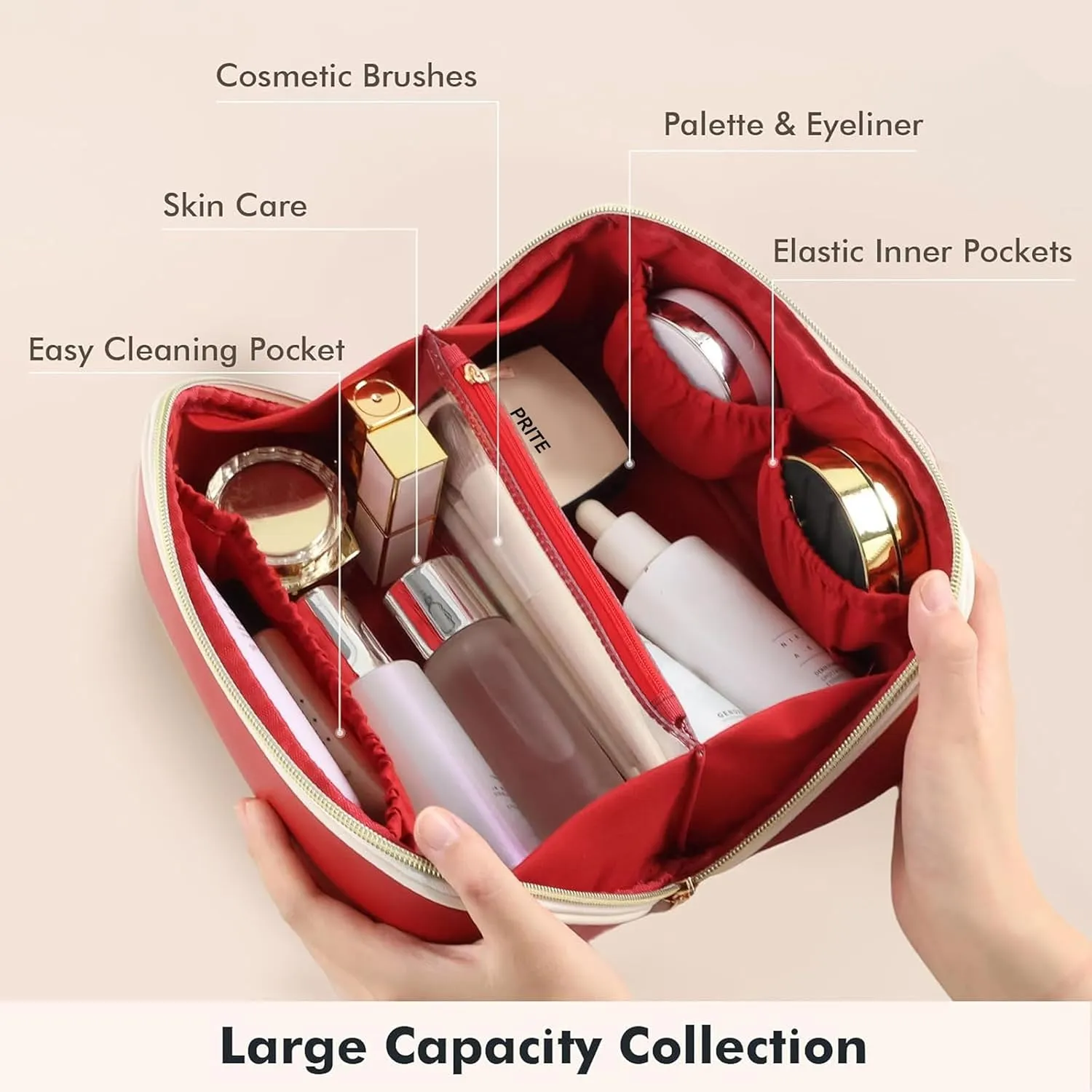 Prite Makeup Bag for Women Travel Waterproof Vegan Leather Cosmetic Bag Open Flat Toiletry Bag With Clear Divider and Handle (Red)