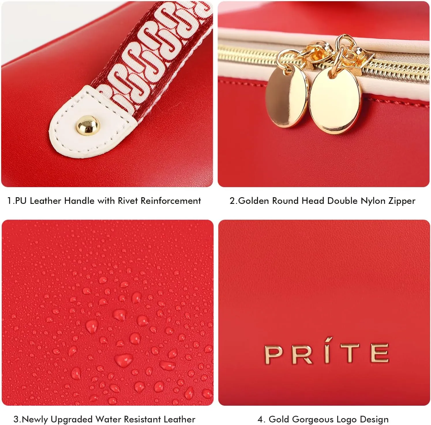 Prite Makeup Bag for Women Travel Waterproof Vegan Leather Cosmetic Bag Open Flat Toiletry Bag With Clear Divider and Handle (Red)