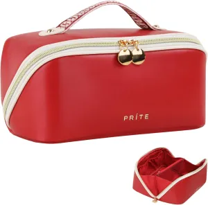Prite Makeup Bag for Women Travel Waterproof Vegan Leather Cosmetic Bag Open Flat Toiletry Bag With Clear Divider and Handle (Red)