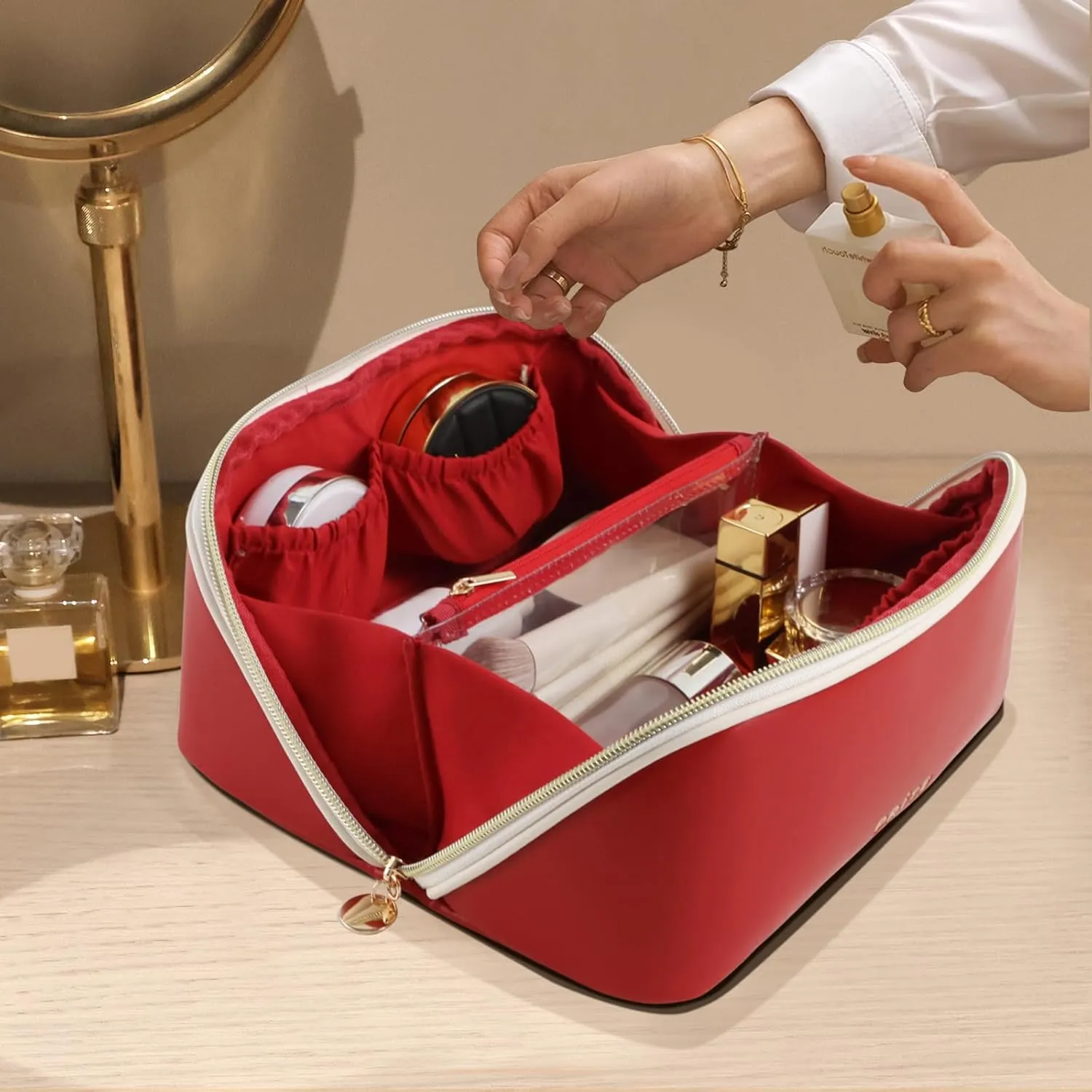 Prite Makeup Bag for Women Travel Waterproof Vegan Leather Cosmetic Bag Open Flat Toiletry Bag With Clear Divider and Handle (Red)