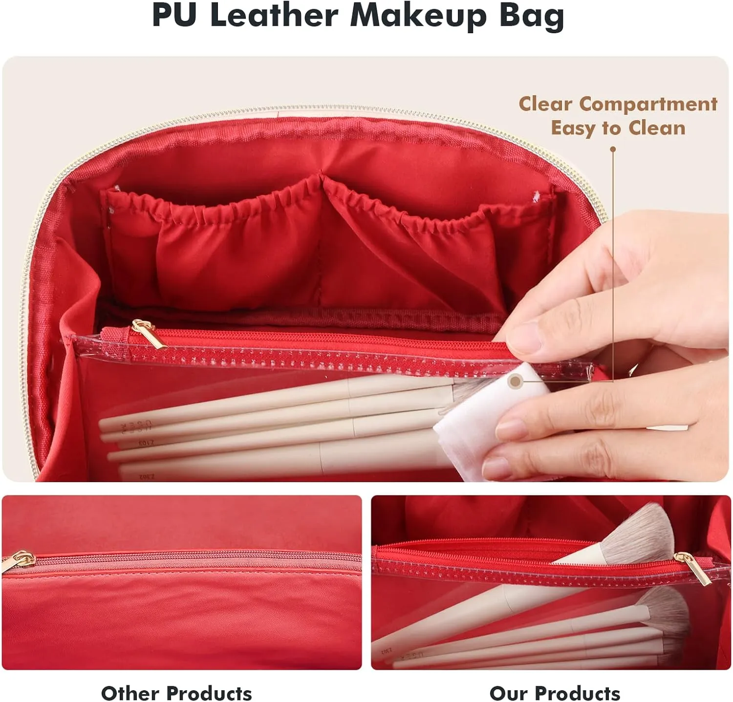 Prite Makeup Bag for Women Travel Waterproof Vegan Leather Cosmetic Bag Open Flat Toiletry Bag With Clear Divider and Handle (Red)
