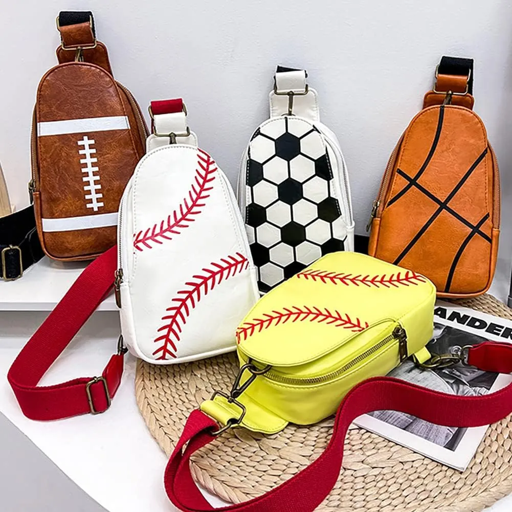 Pu Leather Football Print Sling Bag For Women, American Baseball Rugby Sports Chest Bag, Men's Travel Crossbody Bag