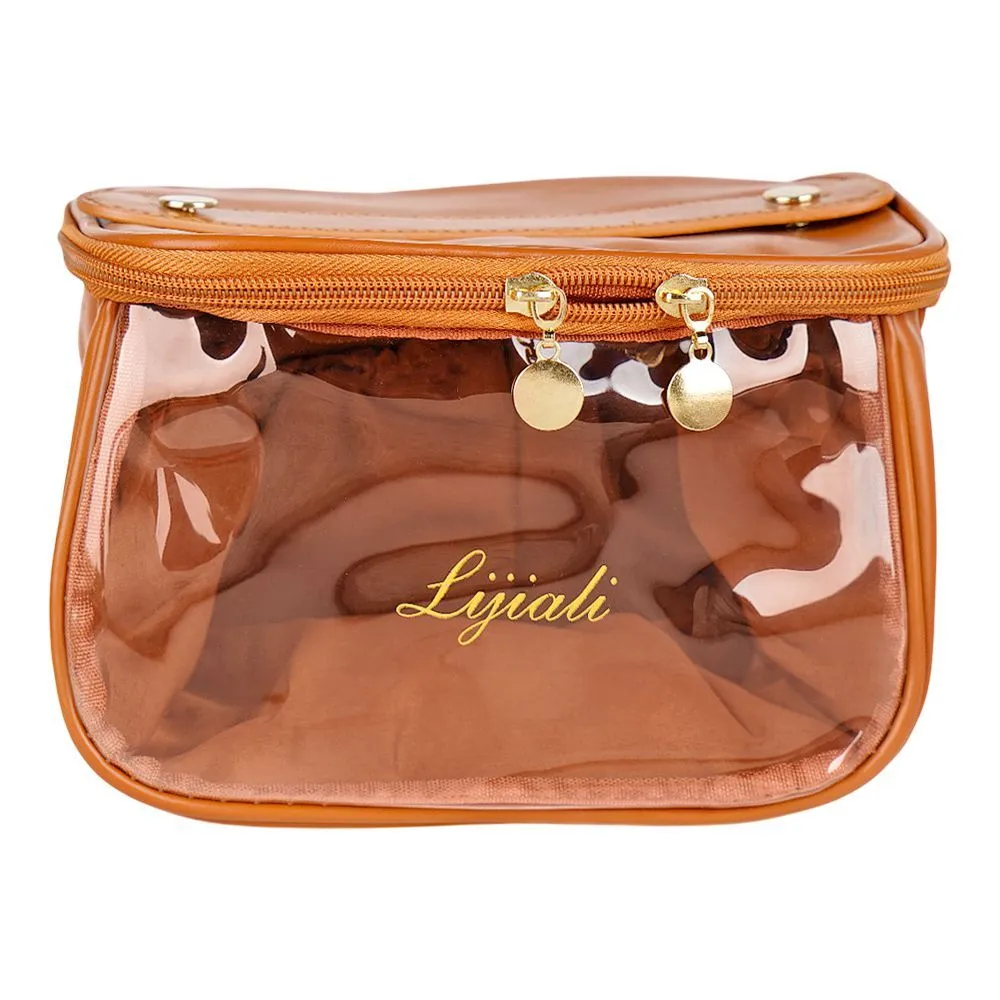 PU Leather Transparent Makeup Bag, Travel Cosmetic Organizer, Brown, AF-63