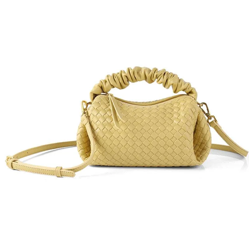PU Leather Woven Handbag with Pleated Mushroom Edge