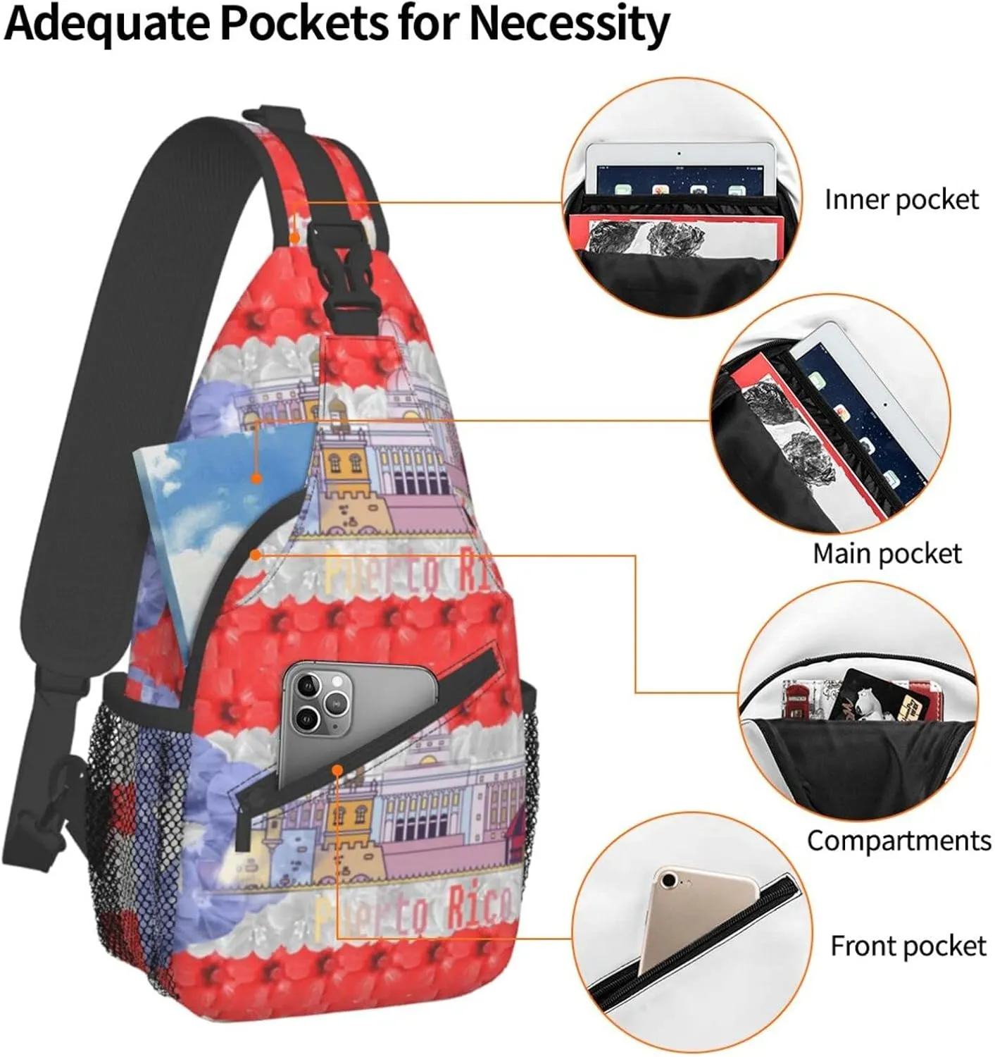 Puerto Rico Casual Daypack Bag Puerto Shoulder Bag Chest Bags Picnic Crossbody Bag Travel Hiking