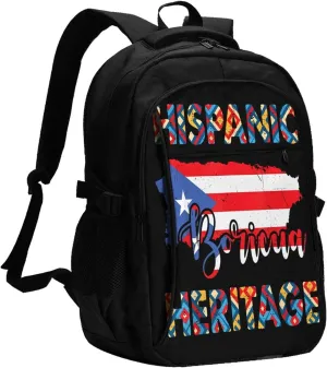 Puerto Rico Flag Hispanic Heritage Month Boricua Rican Casual Travel Backpacks Hiking Camping Backpack Large Outdoor Sport Daypack Laptop Rucksack Climbing Working Bags with USB Port