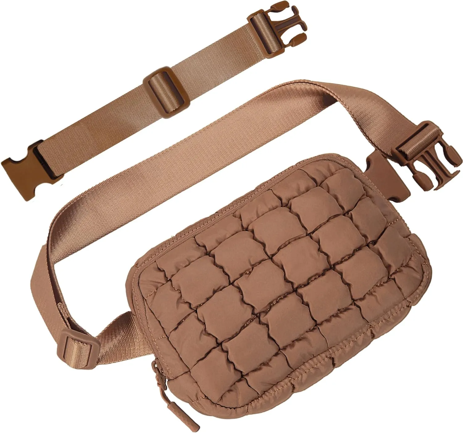Puffer Crossbody Bag for Women – Plus Size Friendly Belt Bag – Quilted Fanny Pack w/Extender – Extra Long Strap 75" Fits XS-12X – Mini Puffer Bag for Travel Gym Trending Gift for Women (Caramel)