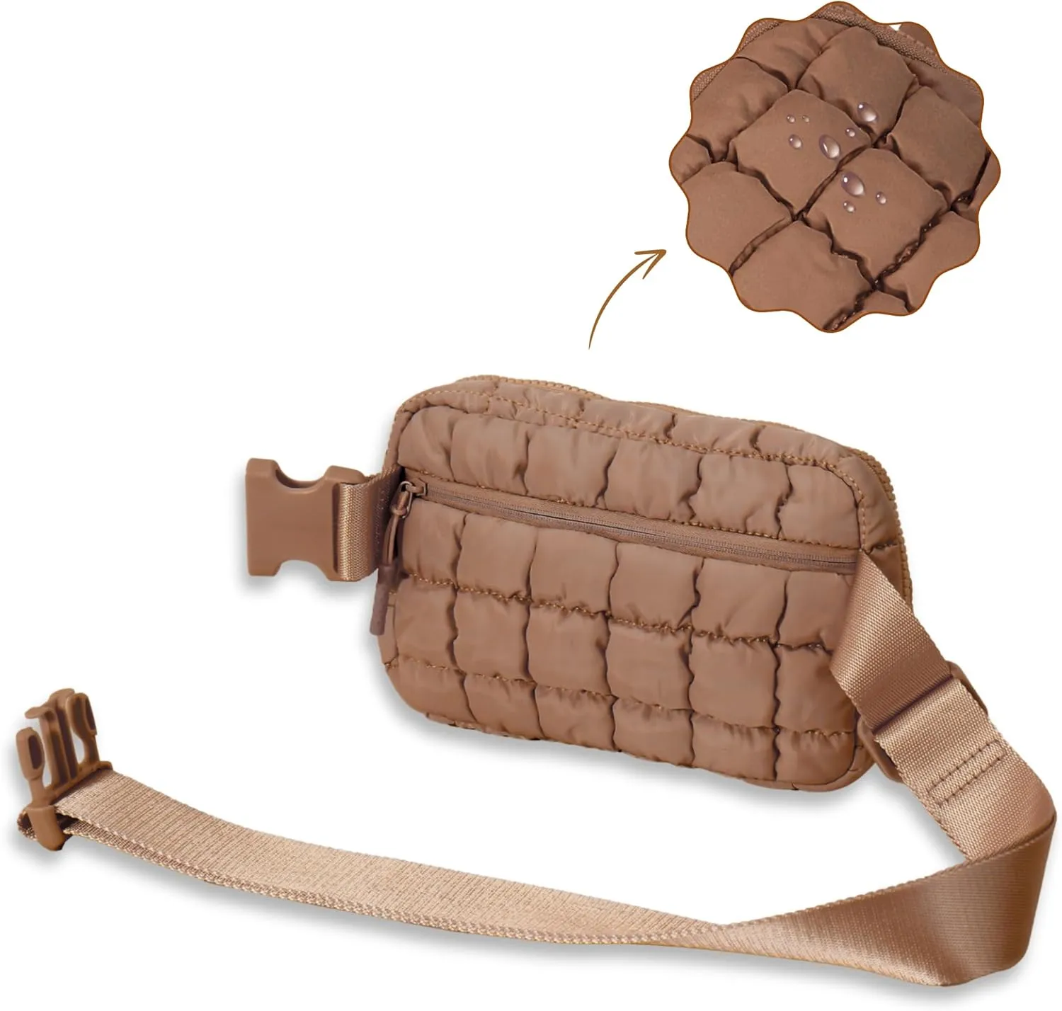 Puffer Crossbody Bag for Women – Plus Size Friendly Belt Bag – Quilted Fanny Pack w/Extender – Extra Long Strap 75" Fits XS-12X – Mini Puffer Bag for Travel Gym Trending Gift for Women (Caramel)