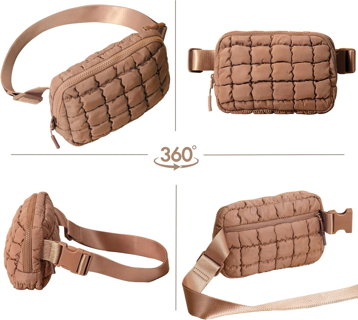 Puffer Crossbody Bag for Women – Plus Size Friendly Belt Bag – Quilted Fanny Pack w/Extender – Extra Long Strap 75" Fits XS-12X – Mini Puffer Bag for Travel Gym Trending Gift for Women (Caramel)