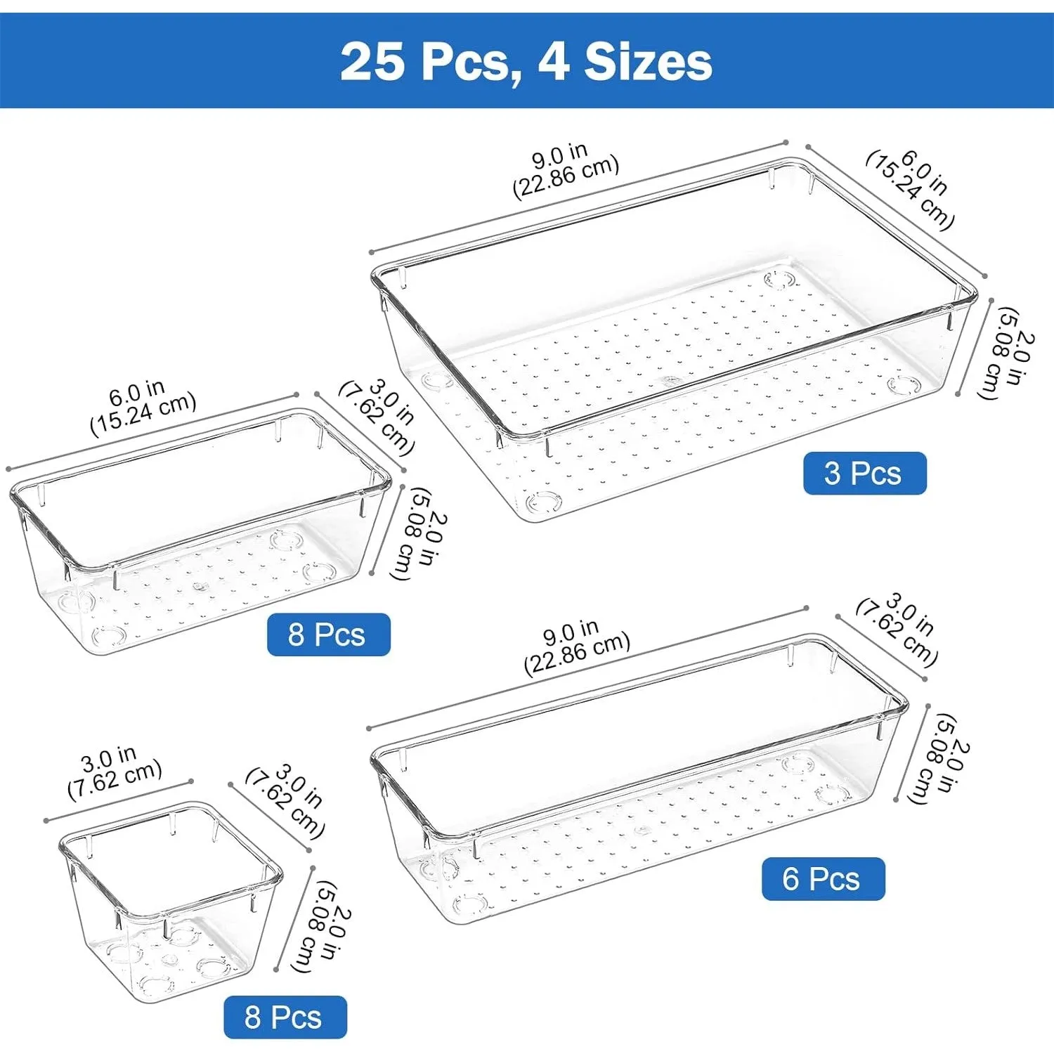 Puricon 25 Pcs Desk Drawer Organizers Trays Set Clear Plastic Storage Bins Bathroom Drawer Tray Dividers Vanity Trays Organizer for Bedroom Dresser Makeup Kitchen Utensil Office