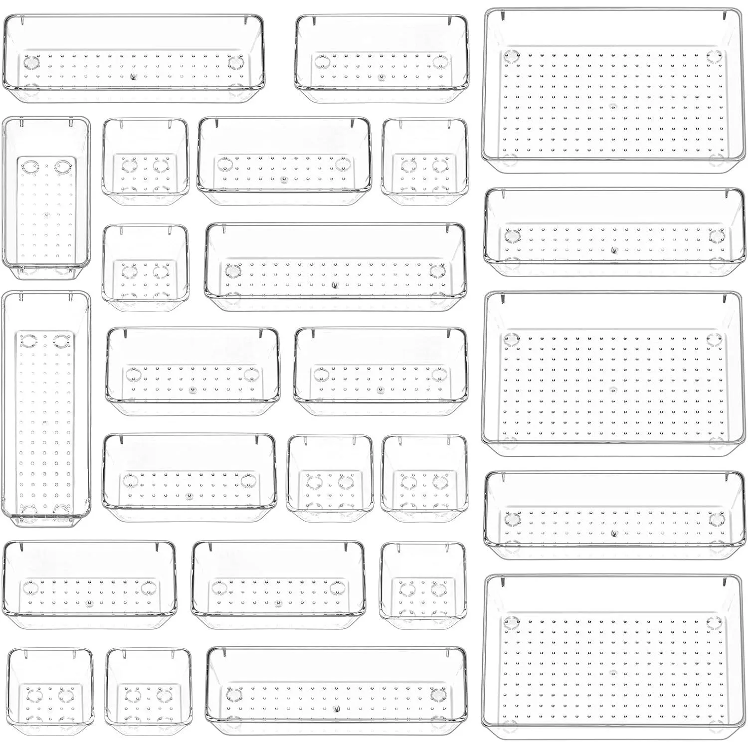 Puricon 25 Pcs Desk Drawer Organizers Trays Set Clear Plastic Storage Bins Bathroom Drawer Tray Dividers Vanity Trays Organizer for Bedroom Dresser Makeup Kitchen Utensil Office