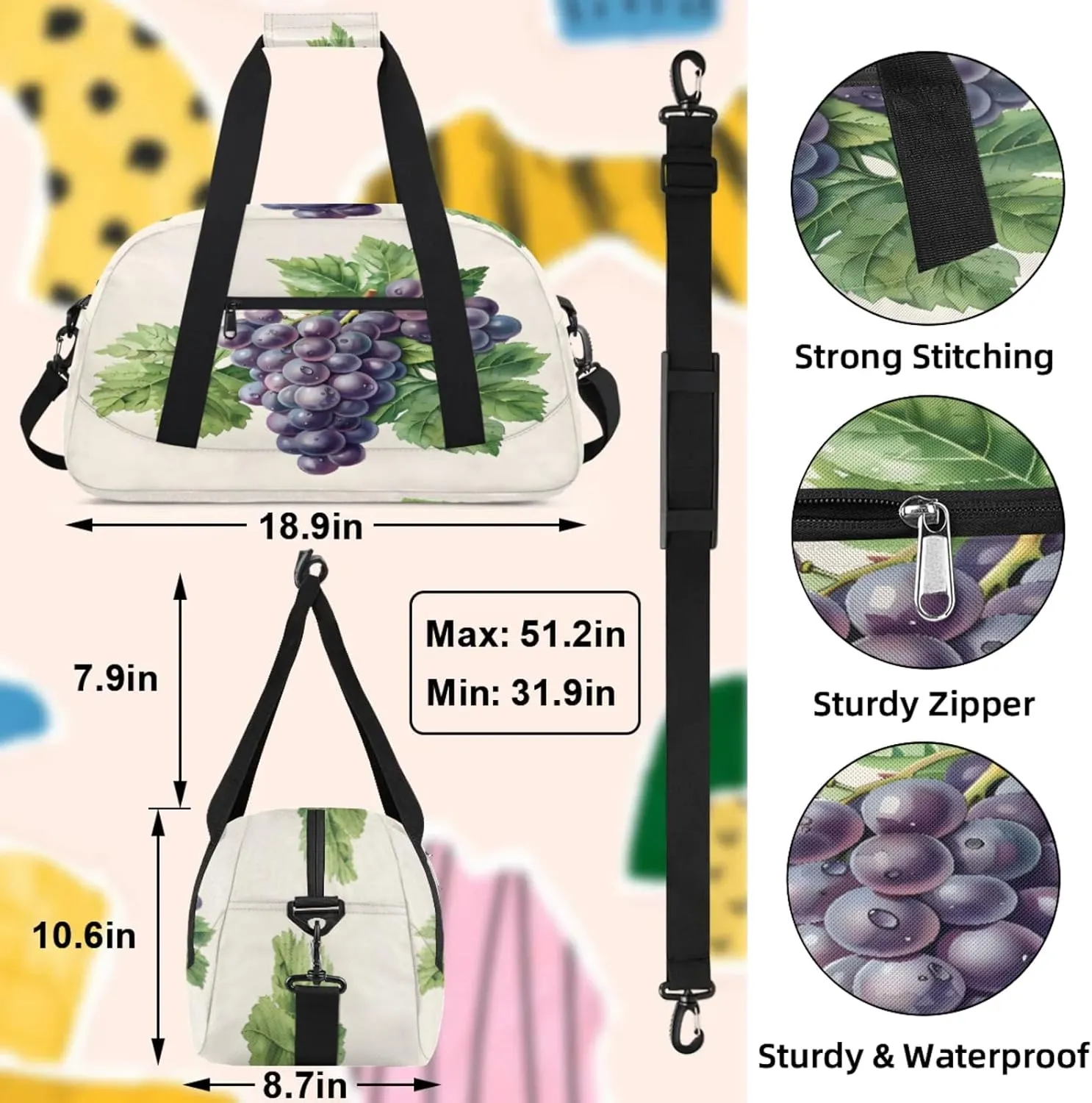 Purple Grape Small Gym Bag 18 inch Carry On Duffel Bag for Weekender Travel Sports Workout Yoga Gymnastics Dance Ballet