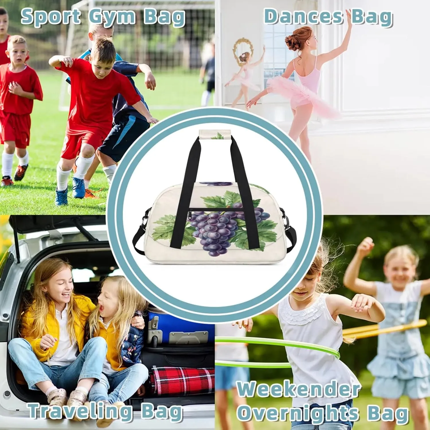 Purple Grape Small Gym Bag 18 inch Carry On Duffel Bag for Weekender Travel Sports Workout Yoga Gymnastics Dance Ballet