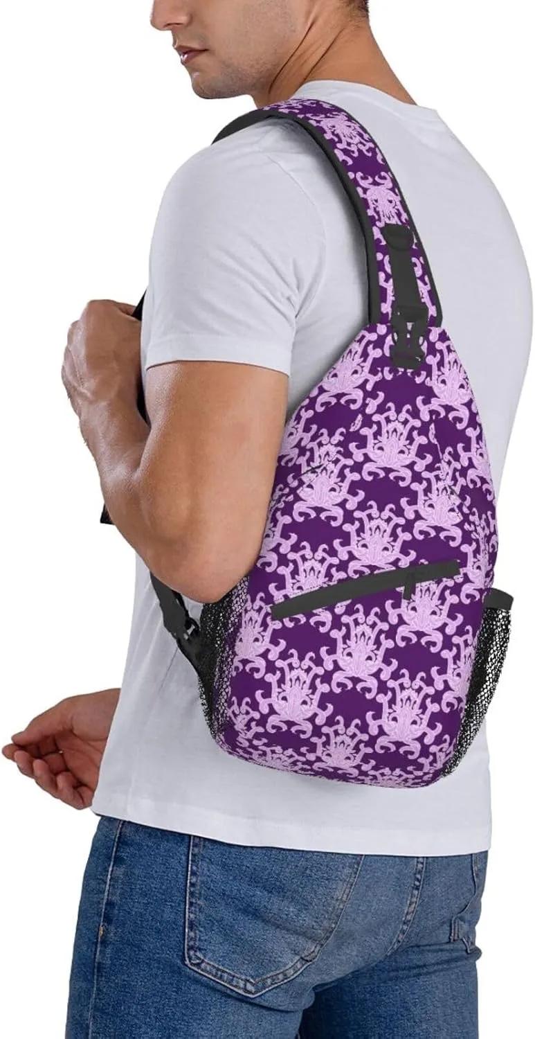 Purple Ornament Pattern Sling Backpack Chest Bag Crossbody Shoulder Bag Gym Cycling Travel Hiking Daypack For Men Women