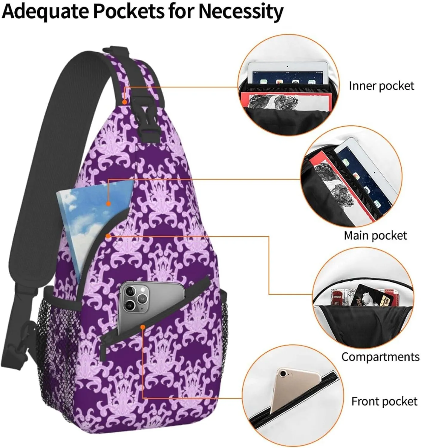 Purple Ornament Pattern Sling Backpack Chest Bag Crossbody Shoulder Bag Gym Cycling Travel Hiking Daypack For Men Women