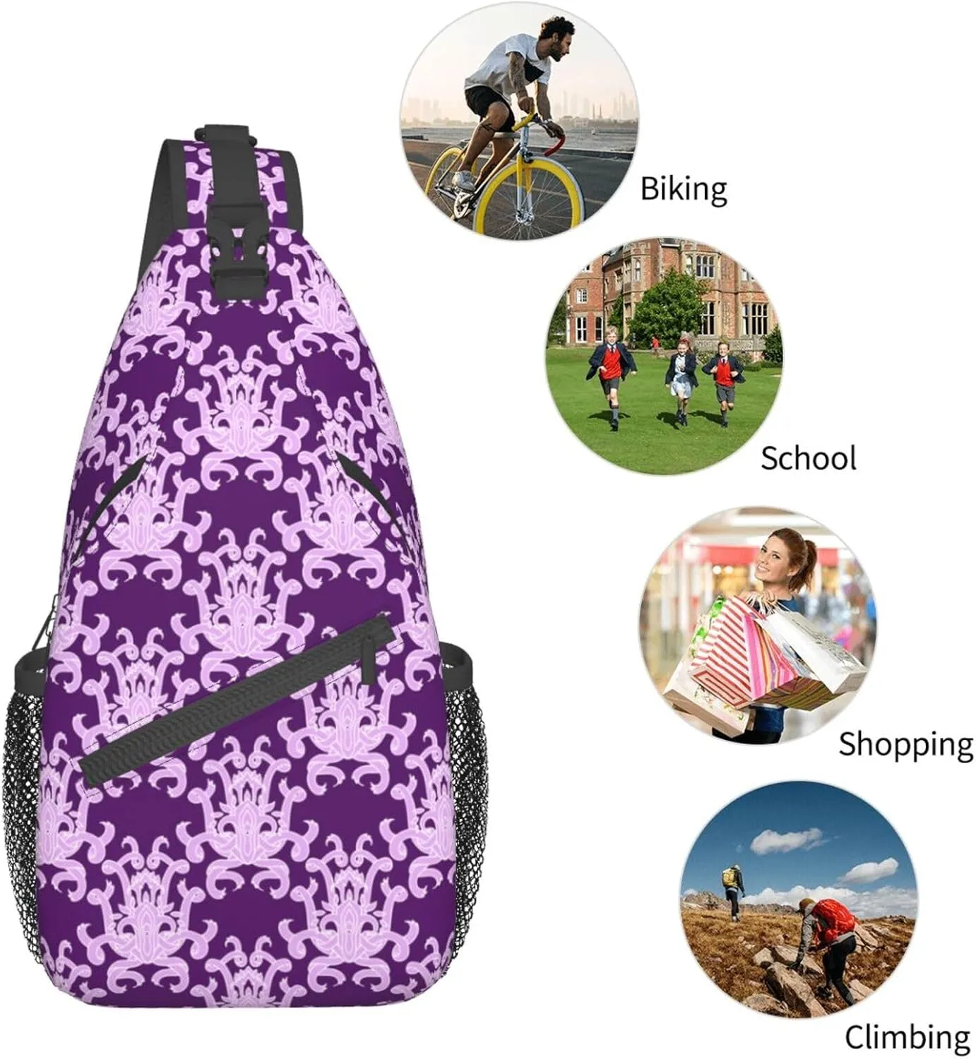 Purple Ornament Pattern Sling Backpack Chest Bag Crossbody Shoulder Bag Gym Cycling Travel Hiking Daypack For Men Women