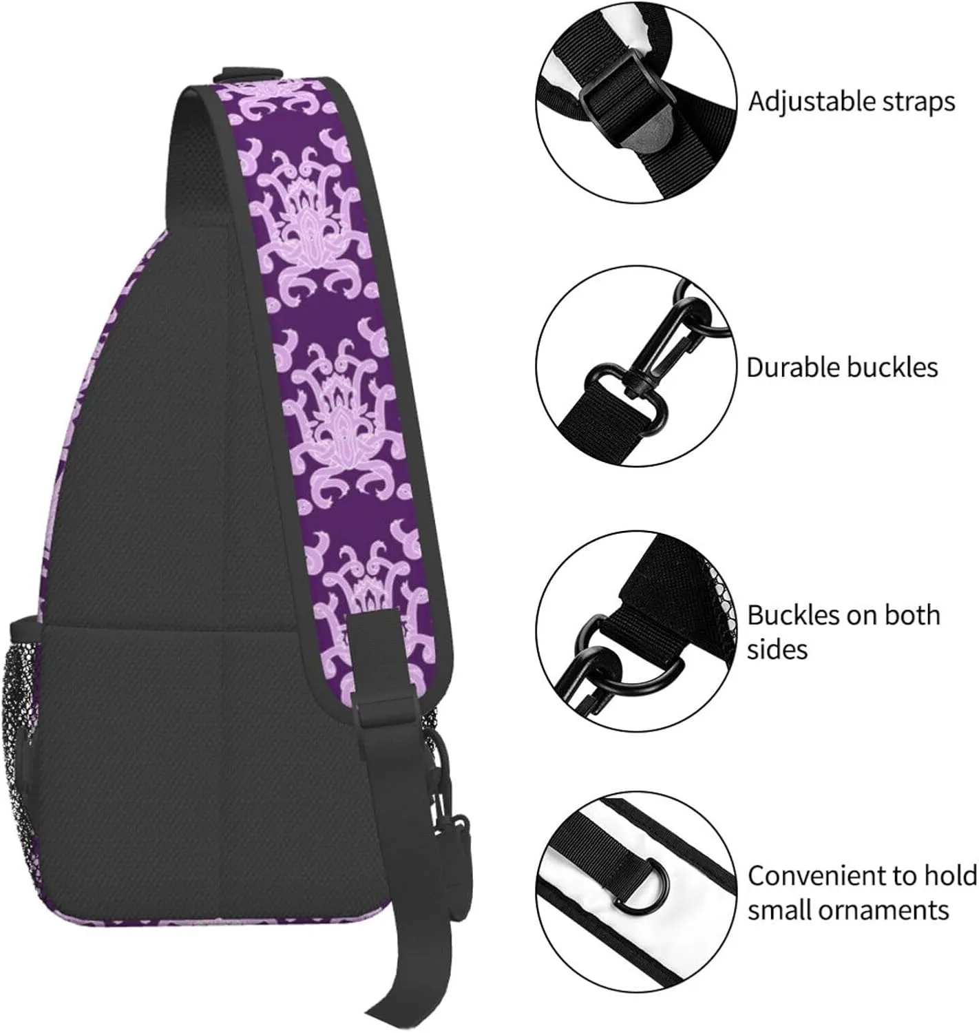 Purple Ornament Pattern Sling Backpack Chest Bag Crossbody Shoulder Bag Gym Cycling Travel Hiking Daypack For Men Women