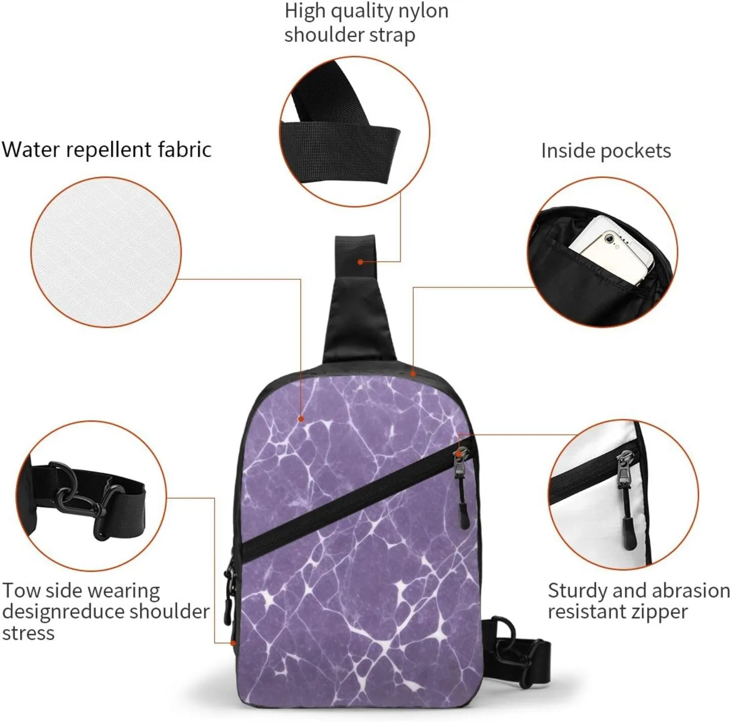 Purple White Marble Sling Bag For Women And Men Fashion Folding Chest Bag Adjustable Crossbody Travel Shoulder Bag