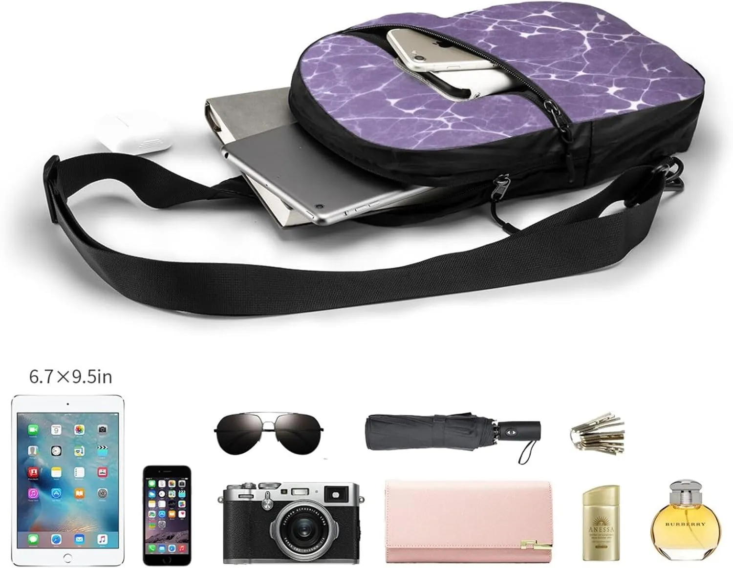 Purple White Marble Sling Bag For Women And Men Fashion Folding Chest Bag Adjustable Crossbody Travel Shoulder Bag