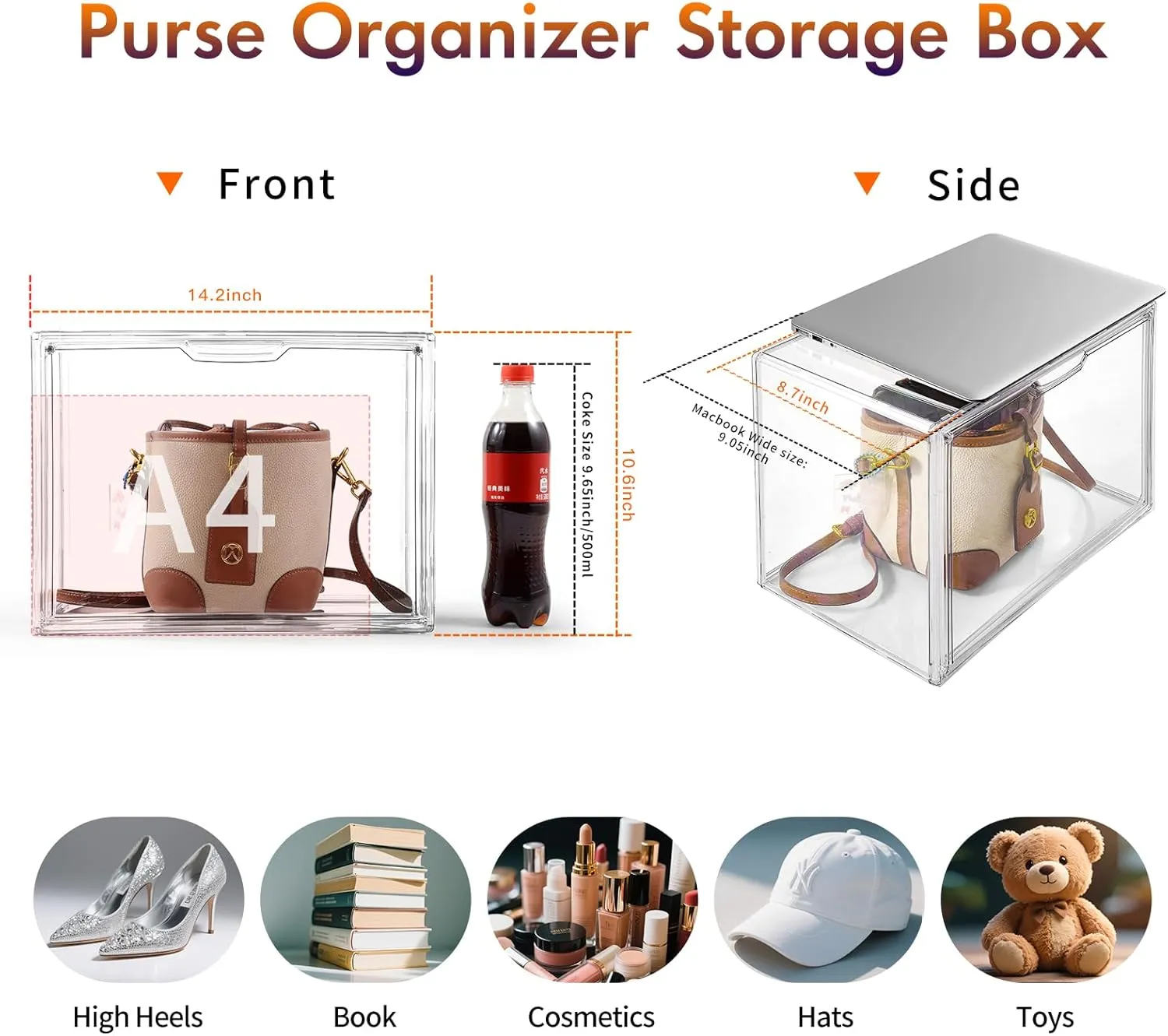 Purse Organizer for Closet, 4Pack Clear Stackable Storage Bins, Closet Organizers and Storage, Acrylic Display Case with Magnetic Lid for Handbag Organzier, Heels, Collectibles