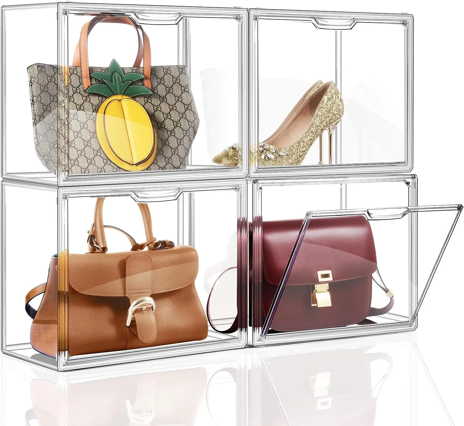 Purse Organizer for Closet, 4Pack Clear Stackable Storage Bins, Closet Organizers and Storage, Acrylic Display Case with Magnetic Lid for Handbag Organzier, Heels, Collectibles