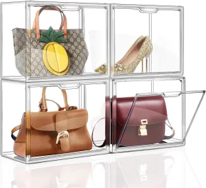 Purse Organizer for Closet, 4Pack Clear Stackable Storage Bins, Closet Organizers and Storage, Acrylic Display Case with Magnetic Lid for Handbag Organzier, Heels, Collectibles