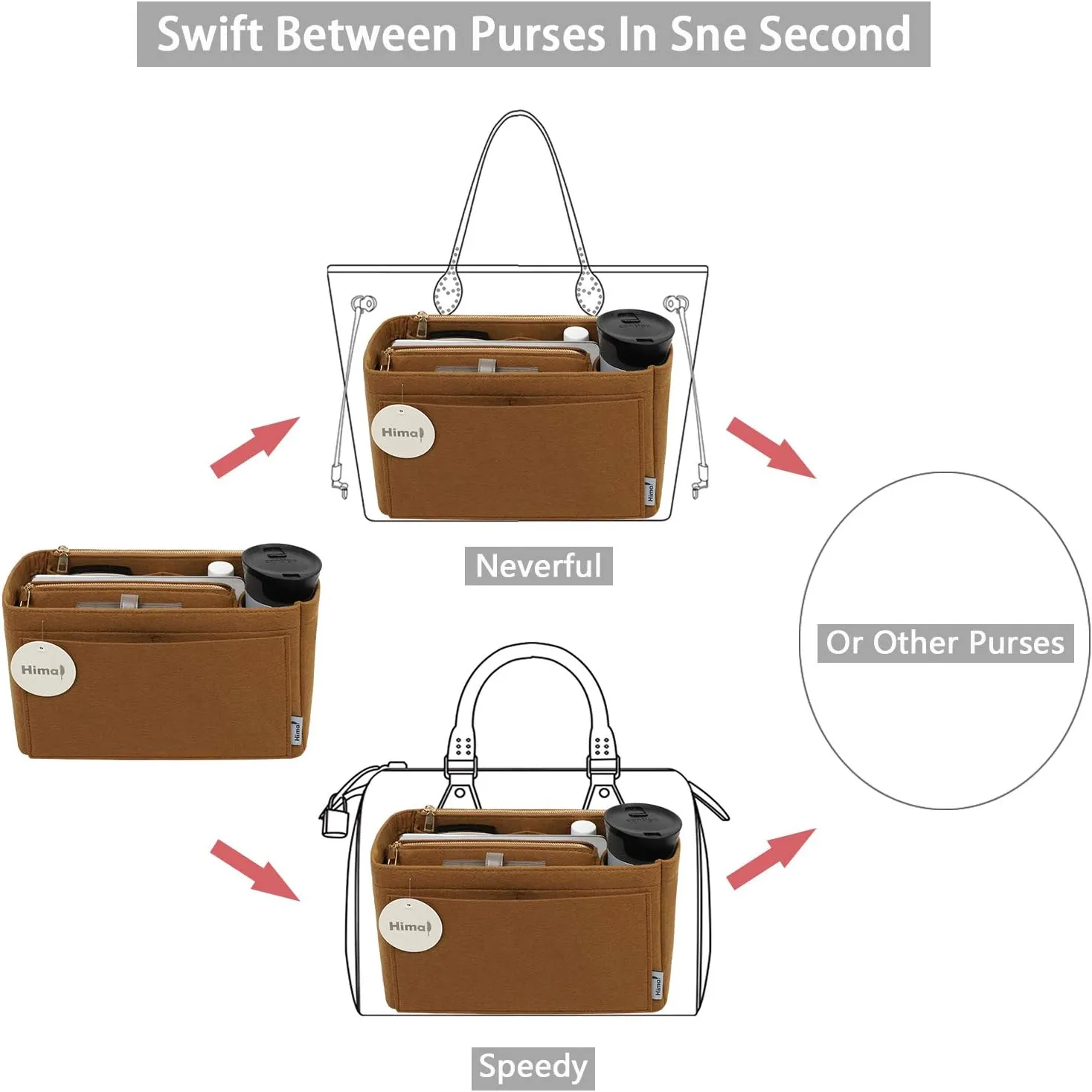 Purse Organizer Insert, Handbag Organizer, Bag in Bag Organizer, Perfect for Speedy Neverfull and More, 5 Sizes (X-Large, Lighting Coffee)