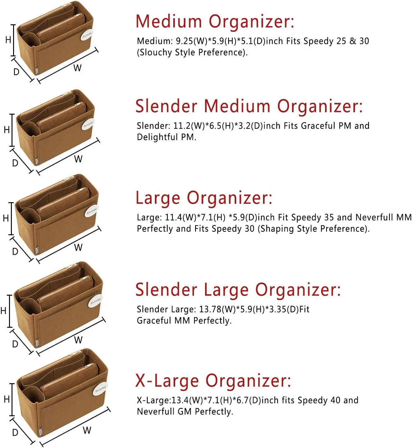 Purse Organizer Insert, Handbag Organizer, Bag in Bag Organizer, Perfect for Speedy Neverfull and More, 5 Sizes (X-Large, Lighting Coffee)