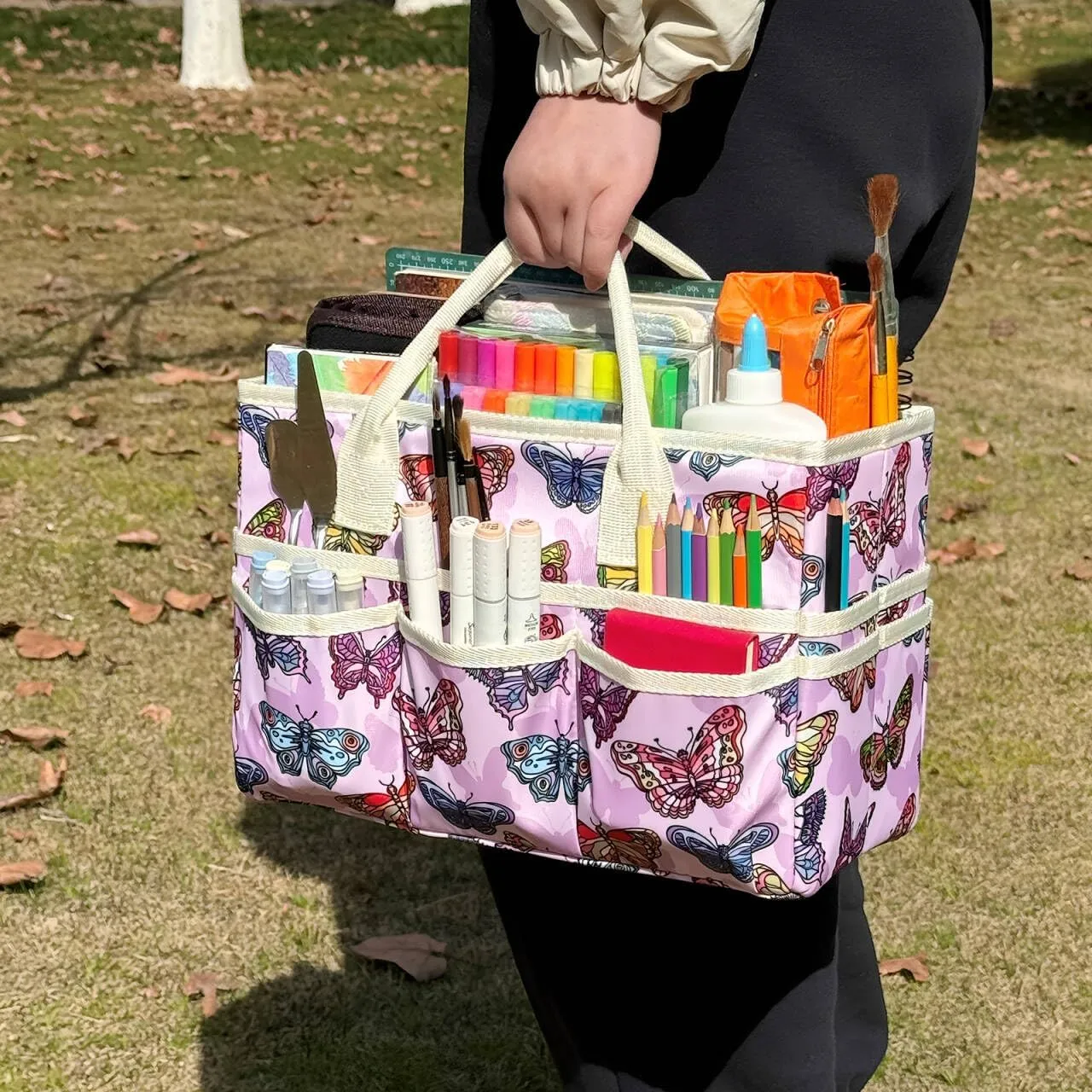qianshan Craft Organizer Tote Bag with Multiple Pockets, Large Art Storage Caddy with Handles for Art, Craft, Sewing, Make-up，Scrapbooking, Medical, and Office Supplies Storage.Purple Butterfly