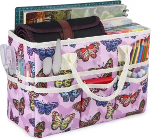 qianshan Craft Organizer Tote Bag with Multiple Pockets, Large Art Storage Caddy with Handles for Art, Craft, Sewing, Make-up，Scrapbooking, Medical, and Office Supplies Storage.Purple Butterfly