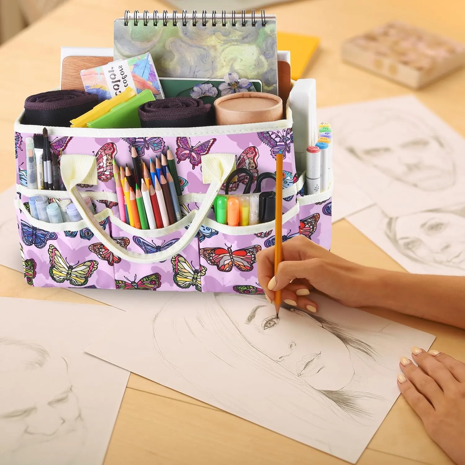 qianshan Craft Organizer Tote Bag with Multiple Pockets, Large Art Storage Caddy with Handles for Art, Craft, Sewing, Make-up，Scrapbooking, Medical, and Office Supplies Storage.Purple Butterfly