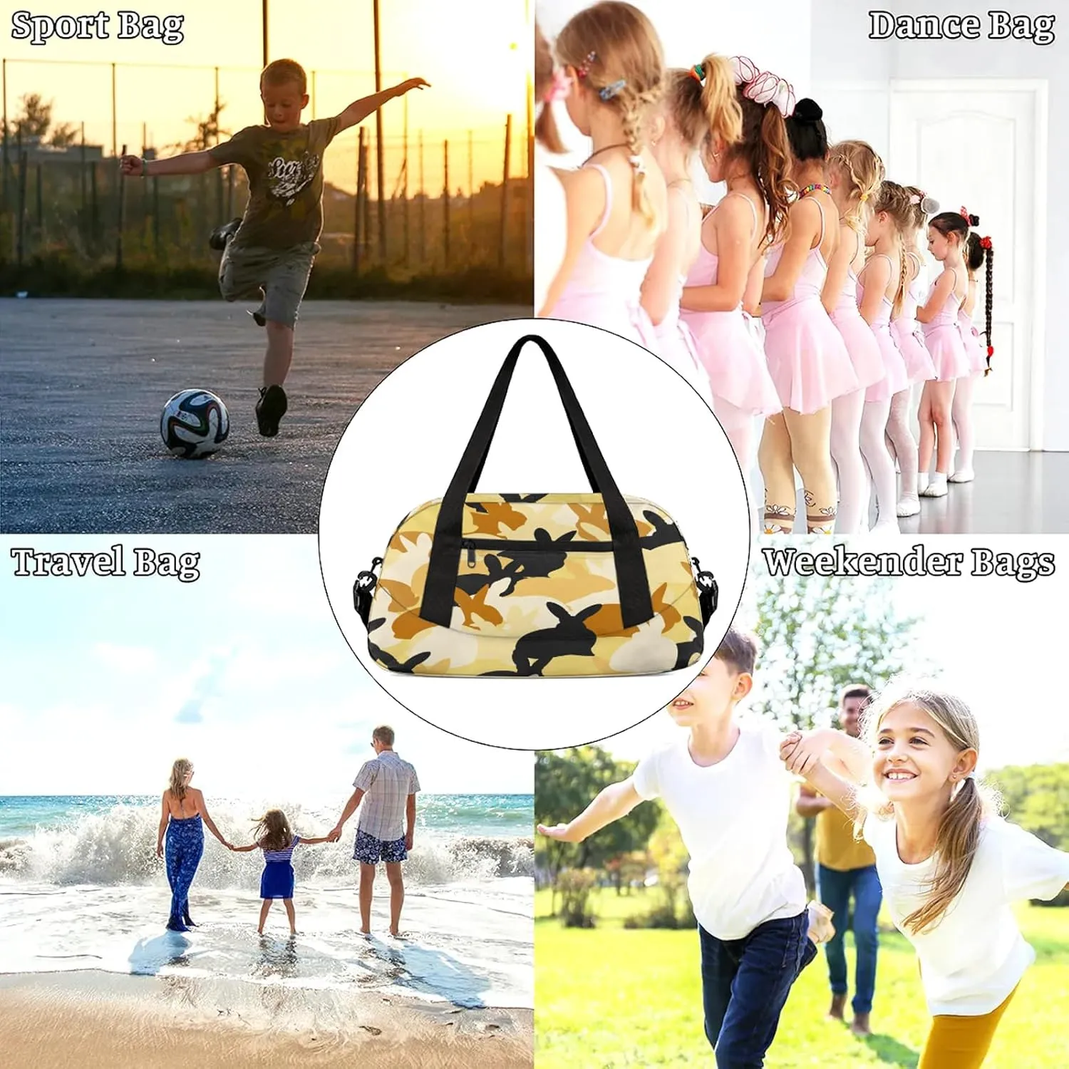 Rabbit Pattern Kids Duffel Bag Lightweight Waterproof Sports Gym Bag with Front Zipper Pocket Foldable Weekender Overnight Bag for School Practice Gymnastic Ballet