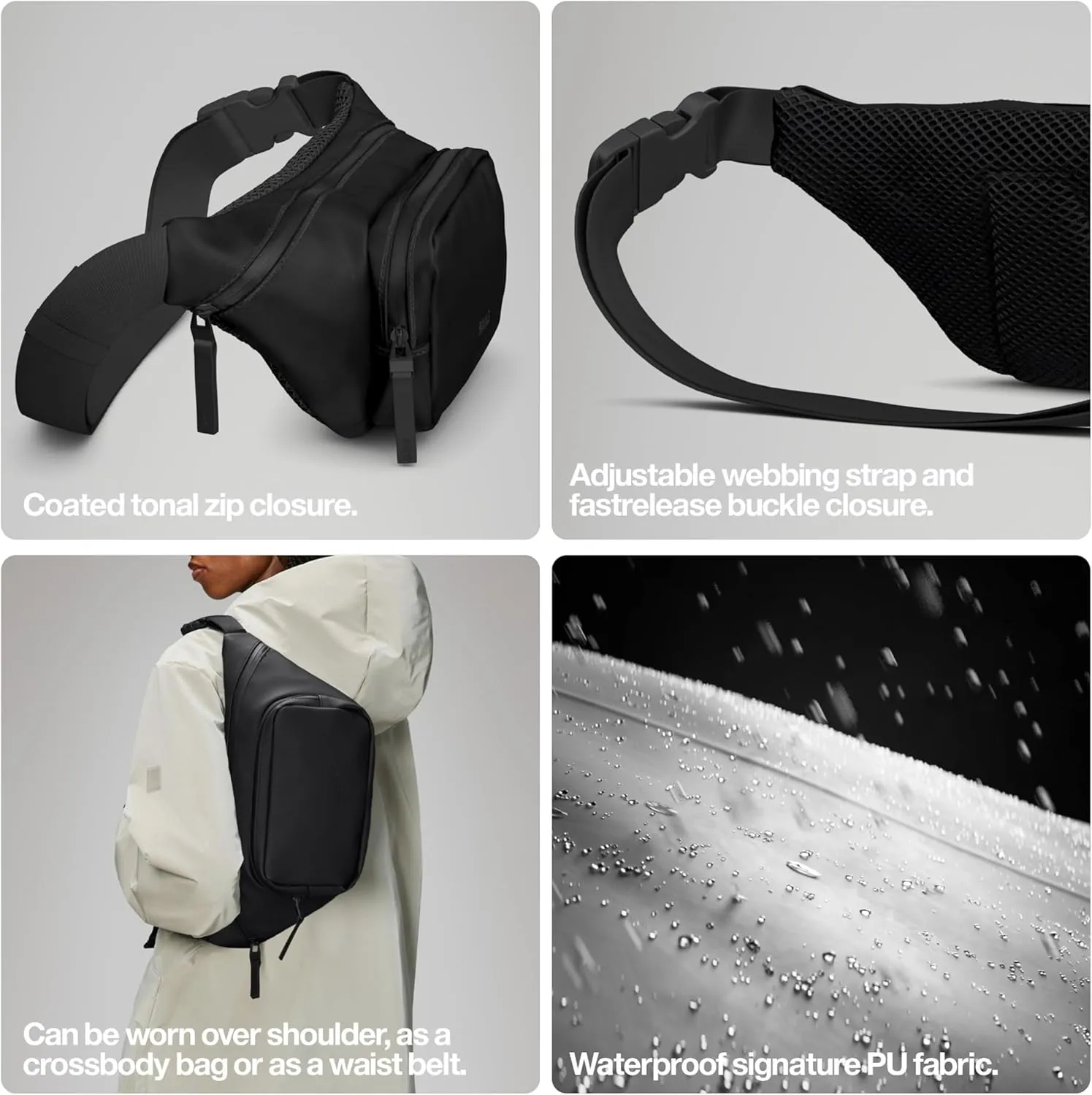RAINS Unisex Waterproof Bum Bag - Versatile Black Crossbody, Sling, Fanny Pack for Women and Men - Ideal for Travel and Outdoor Activities, Fashion Waist Pack (Black, Regular)
