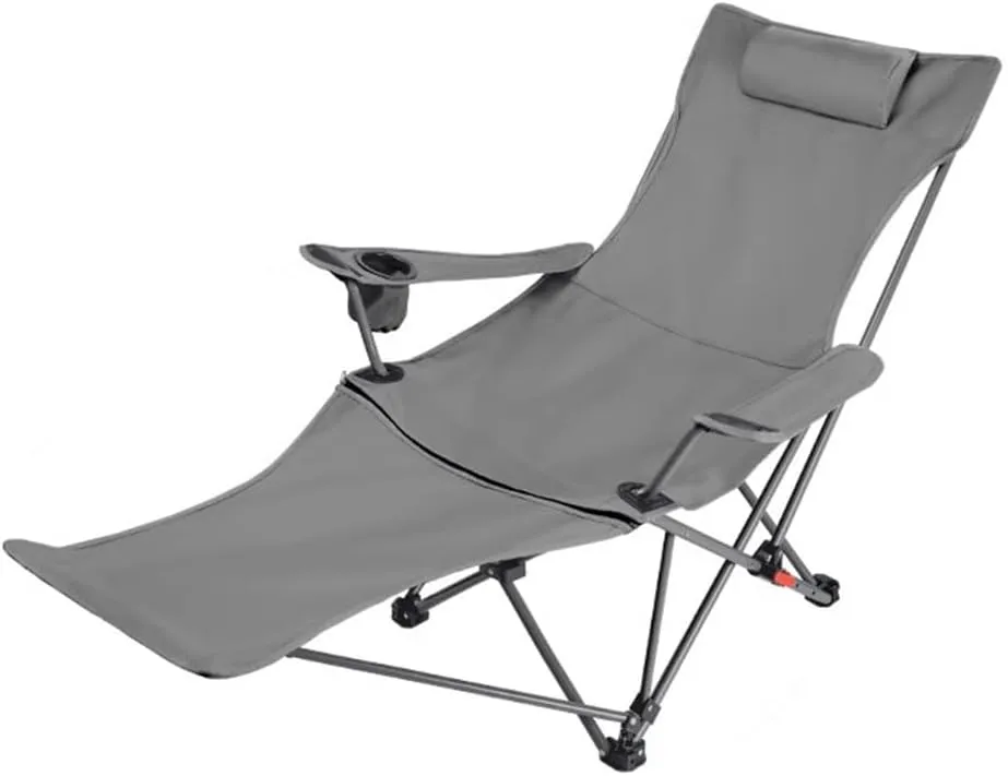 Reclining Camping Chairs with Footrest Folding Lounge Chair Support 400 LBS,Adjustable Backrest Camp Chair with Pillow Beach Chairs for Adults(Gray)