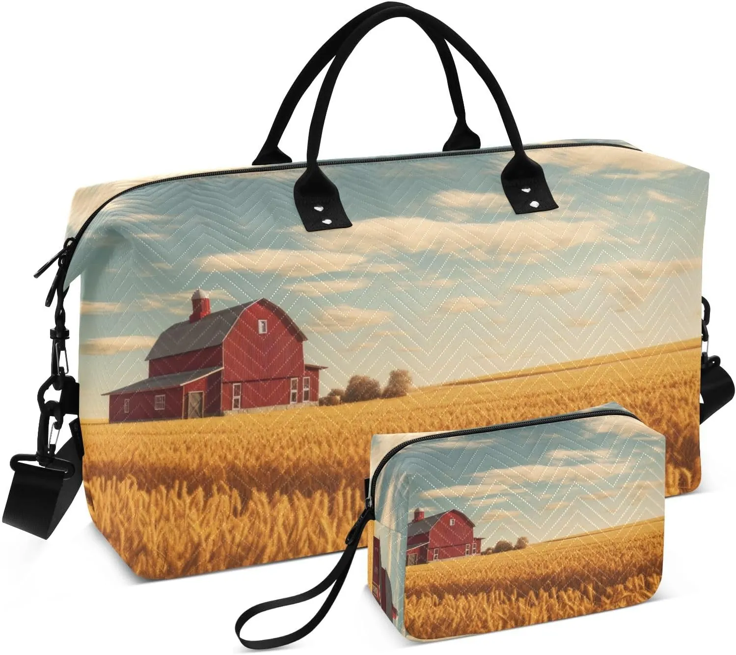 Red Barn Wheat Field Large Travel Duffel Bag, Sports Tote Gym Bag, Shoulder Weekender Overnight Bag for Women Men, Carry On Luggage with Toiletry Bags
