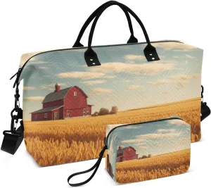 Red Barn Wheat Field Large Travel Duffel Bag, Sports Tote Gym Bag, Shoulder Weekender Overnight Bag for Women Men, Carry On Luggage with Toiletry Bags