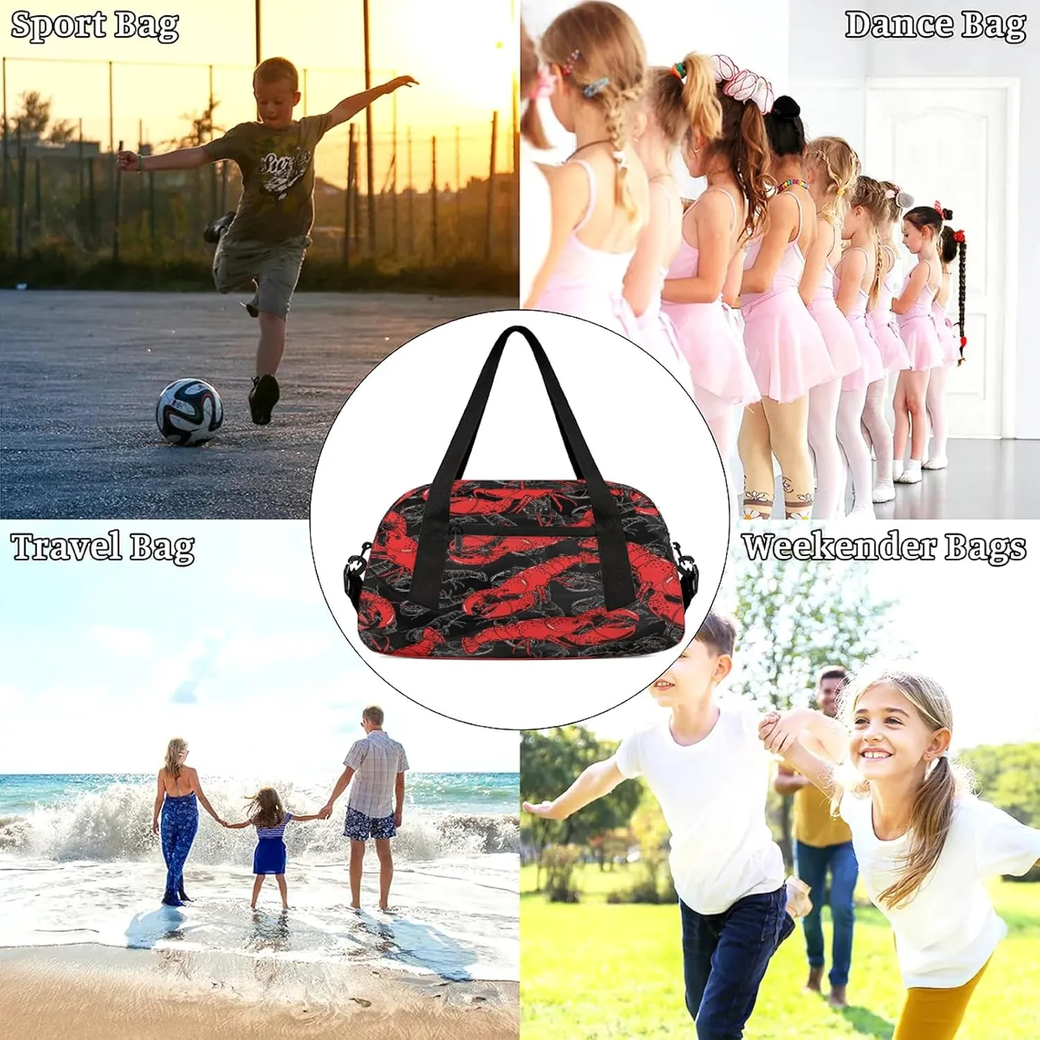 Red Lobster Kids Duffel Bag Lightweight Waterproof Sports Gym Bag with Front Zipper Pocket Foldable Weekender Overnight Bag for School Practice Gymnastic Ballet
