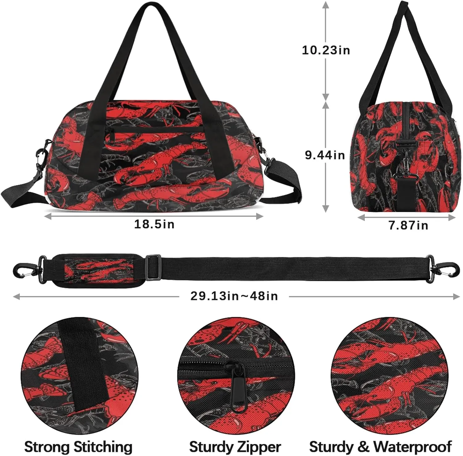 Red Lobster Kids Duffel Bag Lightweight Waterproof Sports Gym Bag with Front Zipper Pocket Foldable Weekender Overnight Bag for School Practice Gymnastic Ballet