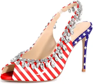 Reindee Lusion Womens High Stiletto Heels Crystal Printed Peep Toe Sexy Sling Back Pumps Shoes