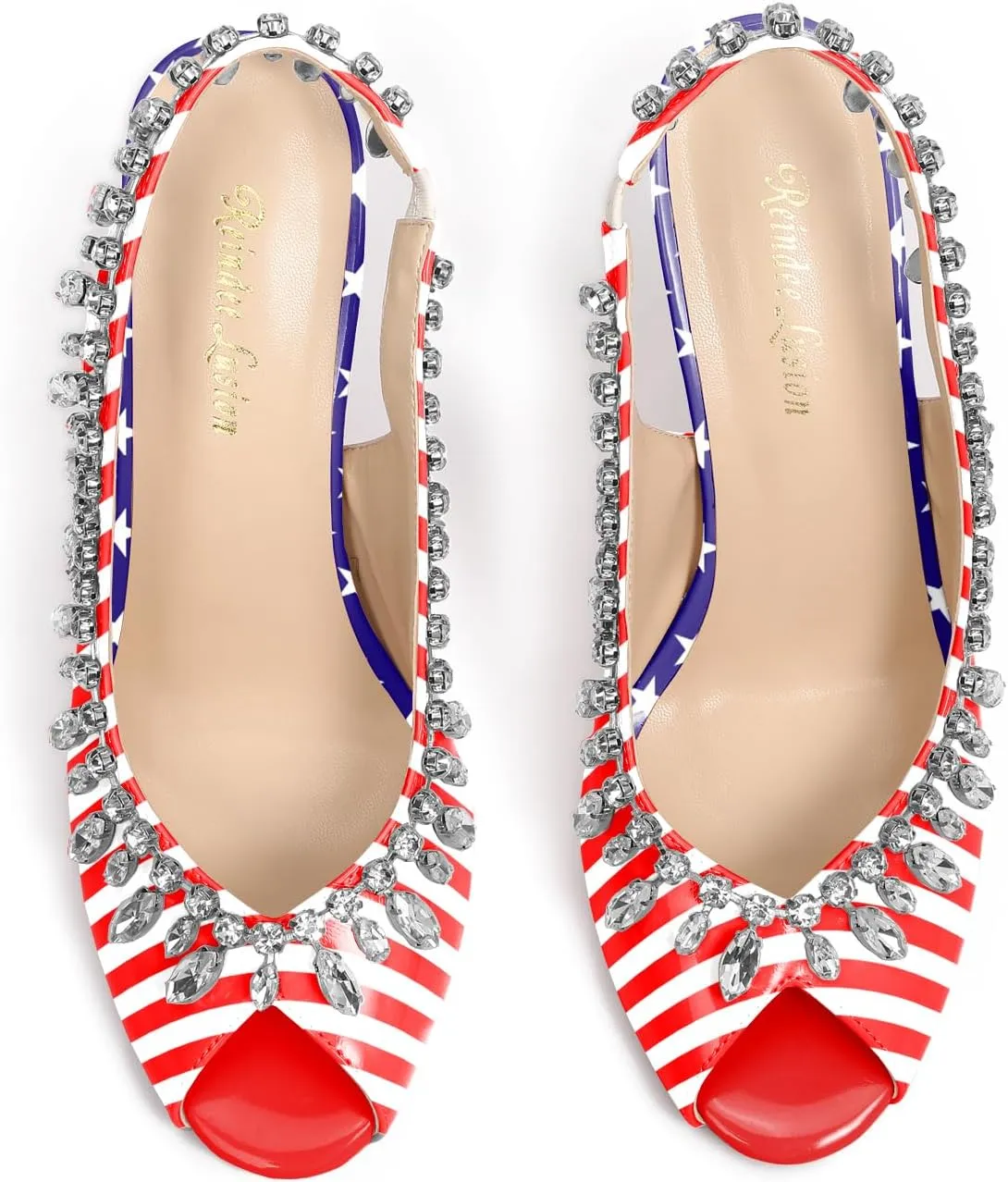 Reindee Lusion Womens High Stiletto Heels Crystal Printed Peep Toe Sexy Sling Back Pumps Shoes