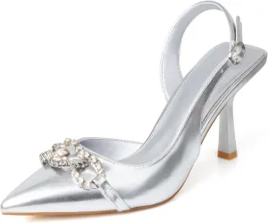 Rhinestones Slingback Heels Women Closed Pointed Toe Crystal Bridal Wedding Stiletto Pumps Shoes Slip On Sandals Buckle Strap Kitten Heels Size 6-10