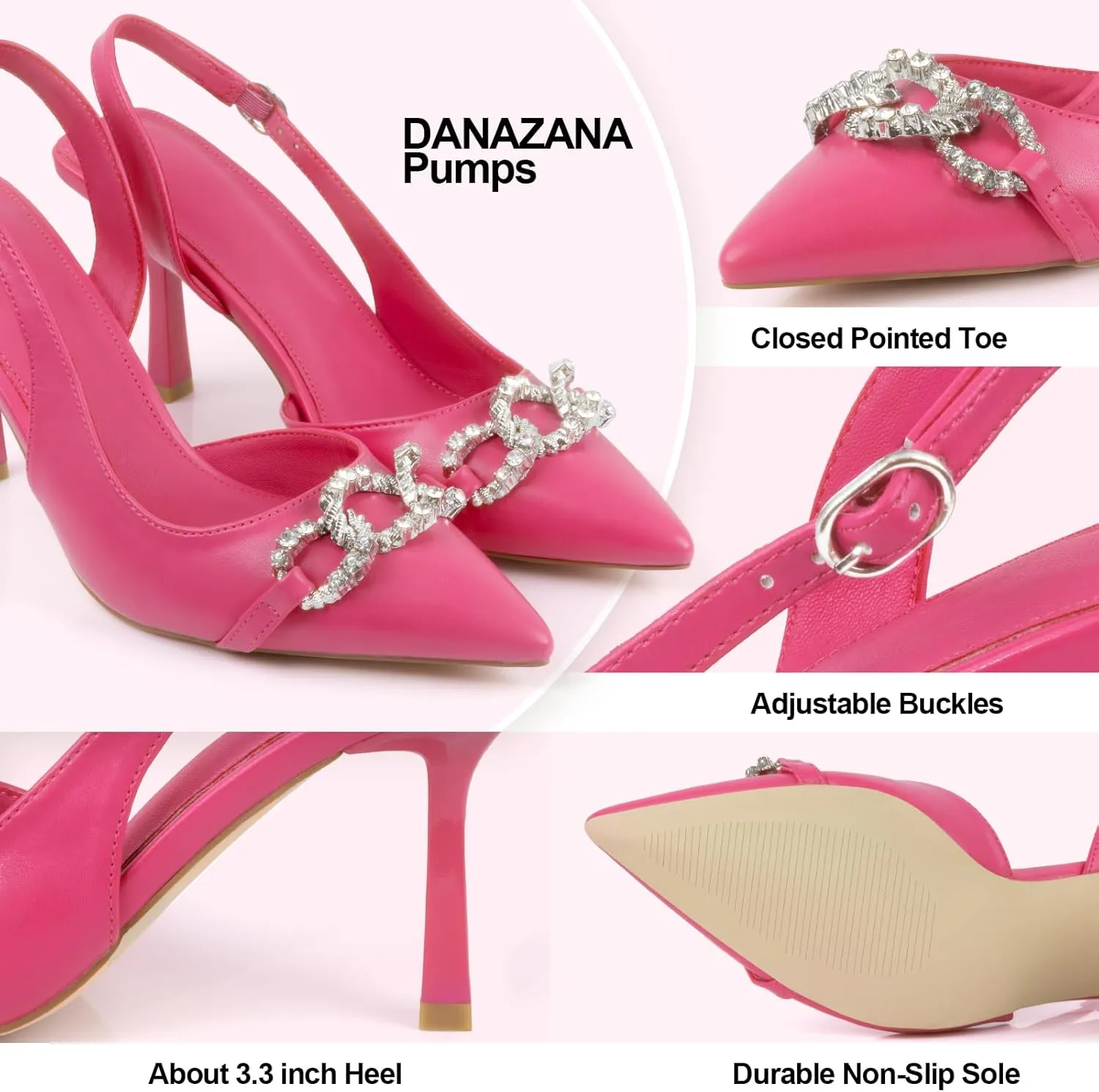 Rhinestones Slingback Heels Women Closed Pointed Toe Crystal Bridal Wedding Stiletto Pumps Shoes Slip On Sandals Buckle Strap Kitten Heels Size 6-10
