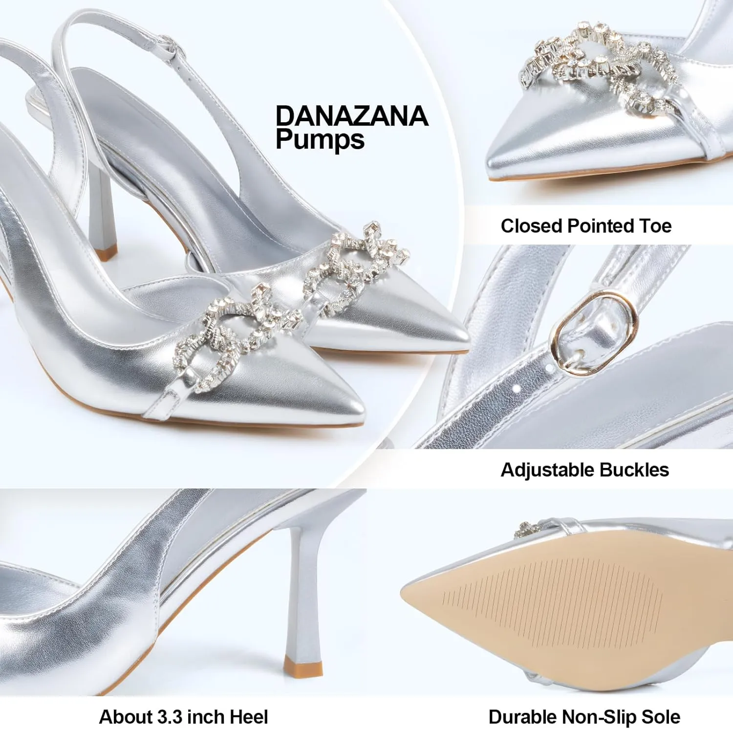 Rhinestones Slingback Heels Women Closed Pointed Toe Crystal Bridal Wedding Stiletto Pumps Shoes Slip On Sandals Buckle Strap Kitten Heels Size 6-10