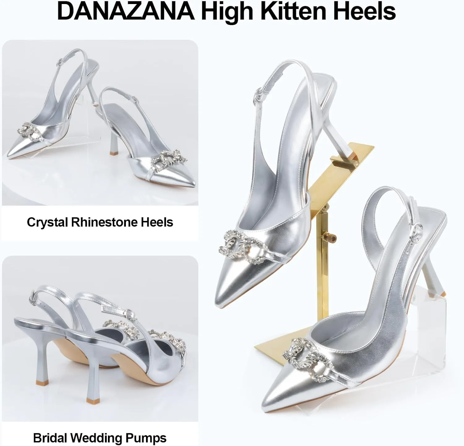 Rhinestones Slingback Heels Women Closed Pointed Toe Crystal Bridal Wedding Stiletto Pumps Shoes Slip On Sandals Buckle Strap Kitten Heels Size 6-10