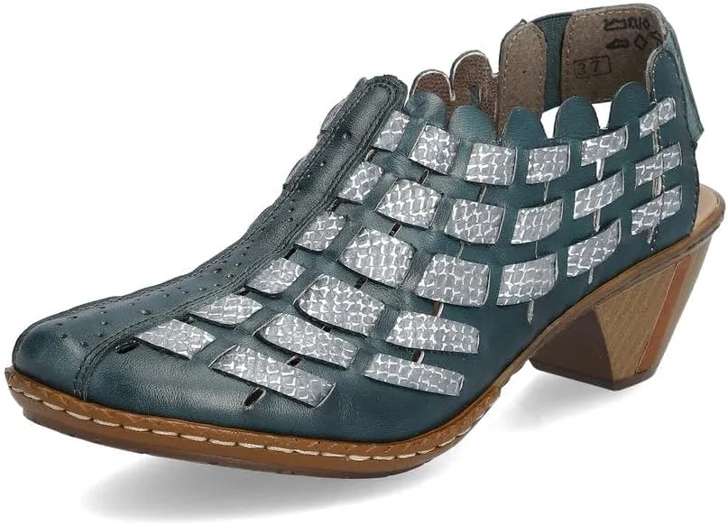 Rieker 46778 Sina Women's Heels - Sling-Backs, Leather Upper, Hand-Woven Design, Anti-Stress Comfort, Flexible Sole, Secure Fit, and Timeless Everyday Style Petrol/Adria/Petrol 8 M US