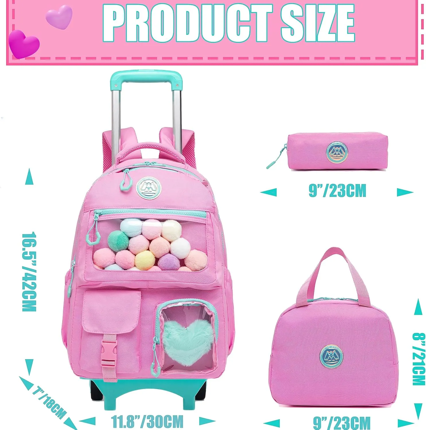 Rolling Backpack for Girls Kids Backpack with Wheels Backpacks for Elementary with Lunch Box Pencil Case Trolley Luggage