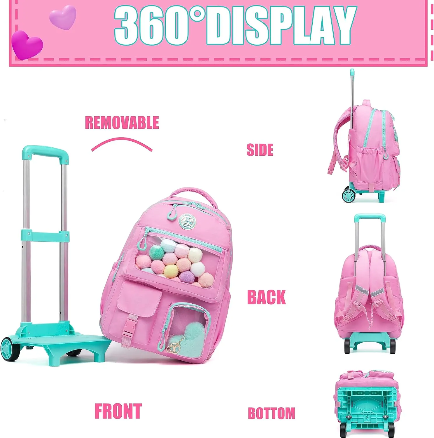 Rolling Backpack for Girls Kids Backpack with Wheels Backpacks for Elementary with Lunch Box Pencil Case Trolley Luggage