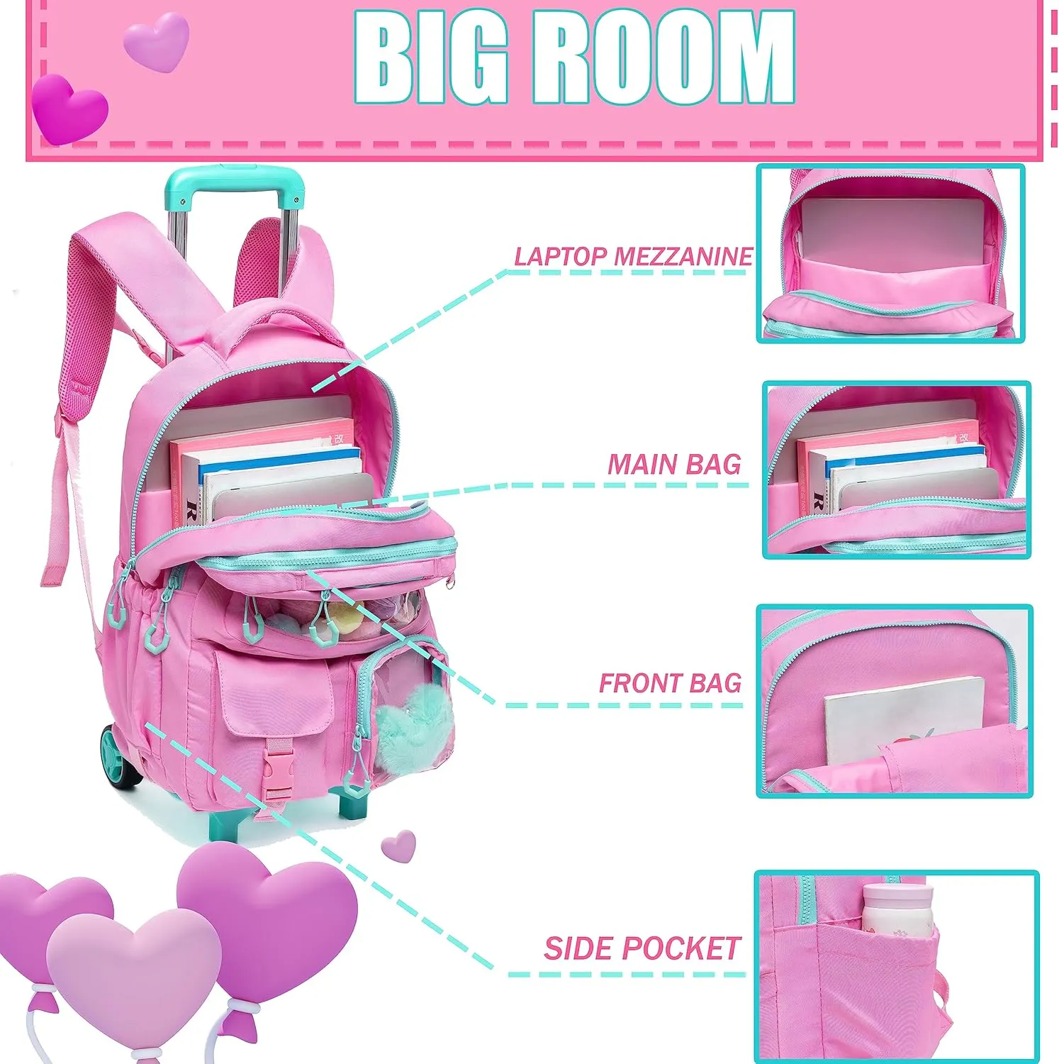 Rolling Backpack for Girls Kids Backpack with Wheels Backpacks for Elementary with Lunch Box Pencil Case Trolley Luggage
