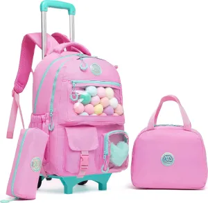 Rolling Backpack for Girls Kids Backpack with Wheels Backpacks for Elementary with Lunch Box Pencil Case Trolley Luggage