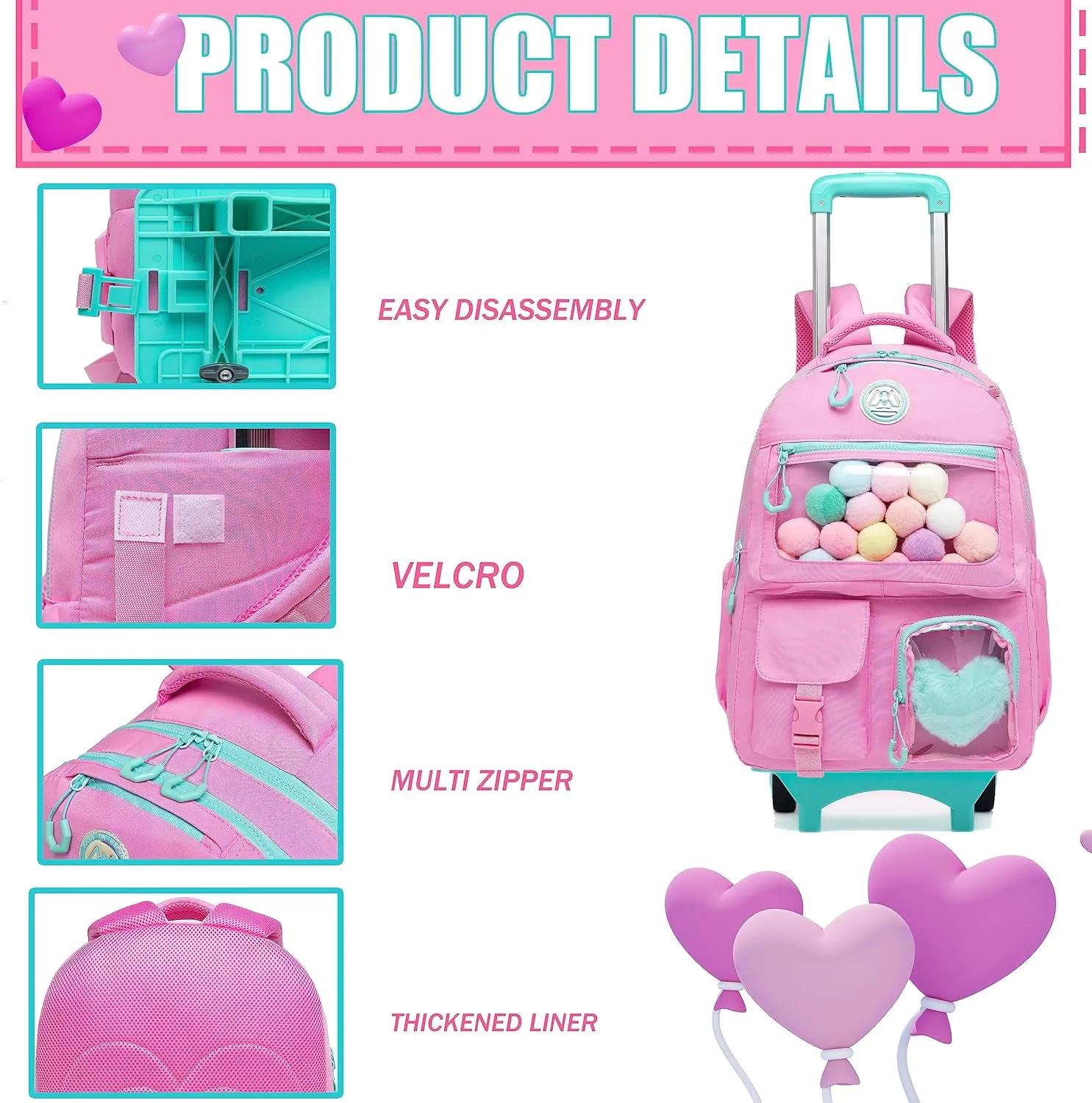 Rolling Backpack for Girls Kids Backpack with Wheels Backpacks for Elementary with Lunch Box Pencil Case Trolley Luggage